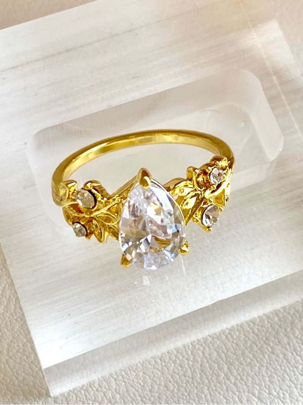 Gold-Tone Teardrop Cubic Zirconia Ring